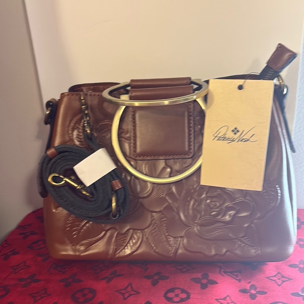 Patricia Nash Brown Rose-Embossed Satchel with Gold Ring Handles